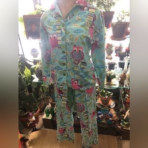 2 piece FLANNEL Pajama Set. Button up Top, button + Strap bottom.